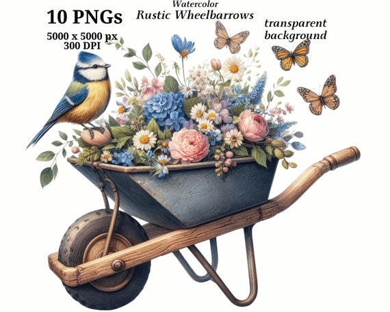 Rustic Wheelbarrows Clipart, 10 High Quality PNGs, Digital Download, Card Making, Scrapbooking, Cute Animals, Watercolor, Journaling #1431