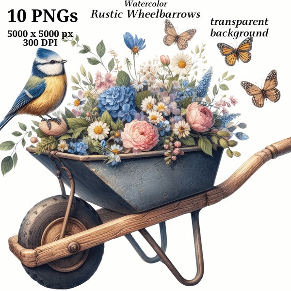 Rustic Wheelbarrows Clipart, 10 High Quality PNGs, Digital Download, Card Making, Scrapbooking, Cute Animals, Watercolor, Journaling #1431