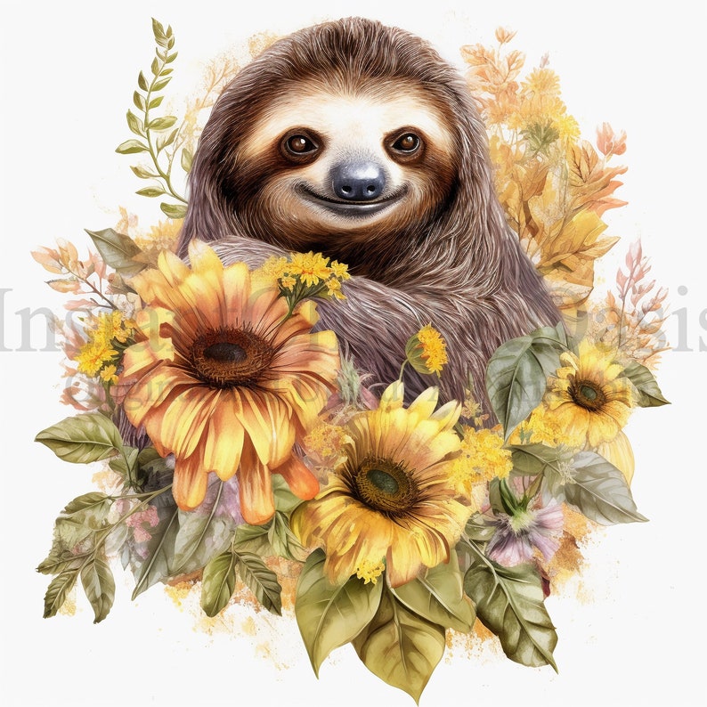 Sunflower Sloth Clipart, 10 High Quality JPGs, Nursery Art, Digital Planner, Watercolor, Card Making, Journaling, Digital Download 551 image 5