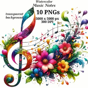 Clipart de notes de musique, 10 fichiers PNG de haute qualité, téléchargement numérique, fabrication de cartes, scrapbooking, aquarelle vibrante, imprimable, journalisation #1436