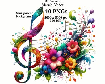 Imágenes prediseñadas de notas musicales, 10 PNG de alta calidad, descarga digital, creación de tarjetas, scrapbooking, acuarela vibrante, imprimible, diario #1436