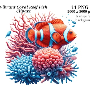 鮮やかなサンゴ礁の魚のクリップアート - 11 PNG - デジタルダウンロード、海洋生物のイラスト、室内装飾、海をテーマにしたクリップアート、魚のアート #1472