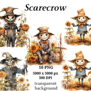 Scarecrow Clipart, 10 High Quality PNGs, Halloween Clipart, Card Making, Journaling, Digital Download, Scarecrow image, Halloween | #1273