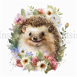 Clipart de ouriço floral, 10 JPGs de alta qualidade, arte de berçário | Confecção de cartões, clip art, artesanato em papel digital, pintura em aquarela | #47