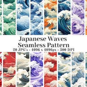 Può includere: Un set di 20 motivi digitali senza cuciture che presentano disegni di onde giapponesi in vari colori, tra cui blu, verde, rosso, viola e arancione. Ogni motivo è di 4096 x 4096 pixel e 300 DPI.