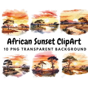 Clipart tramonto africano, 10 PNG di alta qualità sfondo trasparente, download digitale / creazione di cartoline, creazione di carta digitale #826