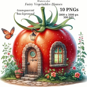 Clipart di case di verdure fatate, 10 PNG di alta qualità, arte della scuola materna, download digitale, creazione di cartoline, fata carina, mestiere di carta digitale #1425