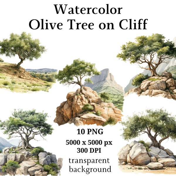 Olive Tree on Cliff Clipart, 10 High Quality PNGs, Botanical Art, Digital Download, Card Making, Journaling, Digital Paper Craft | #1106