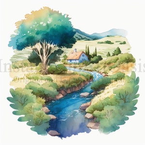 Clipart di paesaggi fluviali, 10 JPG di alta qualità, Arte dell'acquerello, Download digitale, Creazione di carte, Media misti, Mestiere di carta digitale / #216