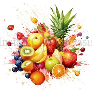Obst Explosion Clipart, 10 hochwertige JPGs, Obst Clip Art, Kartenherstellung, digitales Papier Handwerk, Aquarell | #816