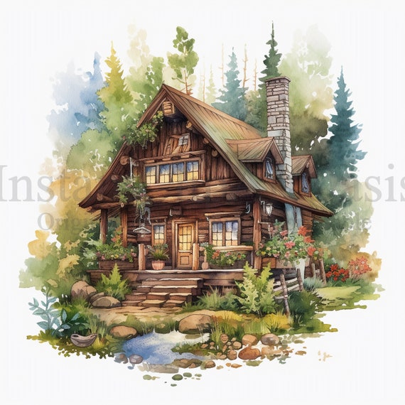 Rustic Cabin Clipart, 10 High Quality JPGs, Watercolor Art, Digital Download, Card Making, Mixed Media, Digital Paper Craft | #642