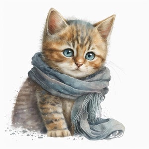 スカーフを巻いた子猫のクリップアート、10 枚の高品質 JPG、デジタル ダウンロード、カード作成、動物のクリップアート、デジタル ペーパー クラフト | #213