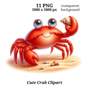Cartoon Crab Clipart, 11 High Quality PNGs, Nursery Art, Digital Download, Card Making, Cute Animal Clipart, Cute Crab Printable | #1478