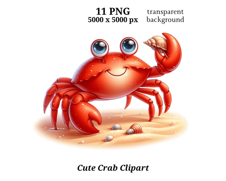 May include: A cartoon illustration of a red crab holding a seashell. The crab is smiling and has large blue eyes. The crab is standing on a light brown sandy surface with small seashells.