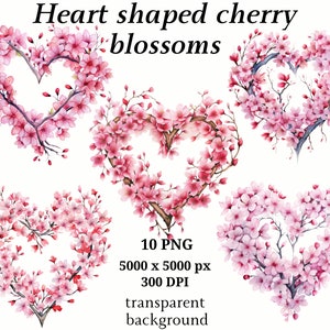 Heart Shaped Cherry Blossoms Clipart, 10 High Quality PNGs, Nursery Art | Card Making, Clip Art, Digital Paper Craft | #1200