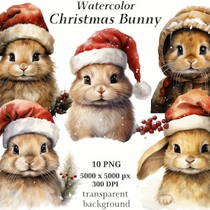 Christmas Bunny Clipart, 10 High Quality PNGs, Christmas Clipart, Card Making, Journaling, Digital Download, Printable Graphics | #1288