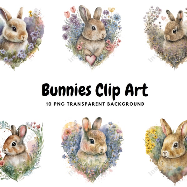 Bunnies in Heart Shaped Flowers Clipart, 10 High Quality PNGs, Nursery Art, Watercolor, Card Making, Journaling, Digital Download | #383