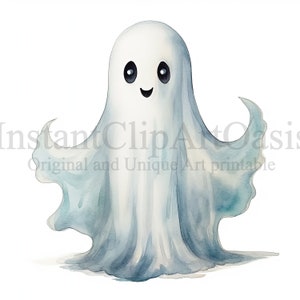 May include: A watercolor illustration of a friendly ghost with a white sheet and blue-grey edges. The ghost has large black eyes and a smiling mouth.