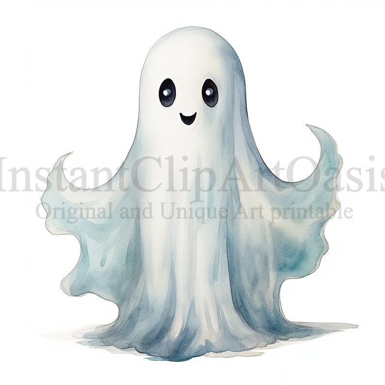 May include: A watercolor illustration of a friendly ghost with a white sheet and blue-grey edges. The ghost has large black eyes and a smiling mouth.