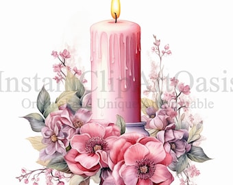 Pink Candles Clipart, 10 High Quality Jpgs, Watercolor, Instant