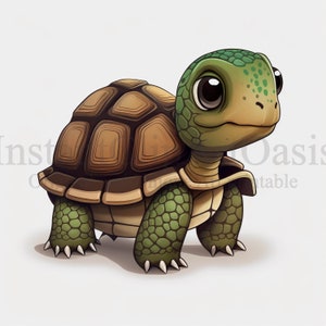 K&ouml;nnte beinhalten: Eine kleine, cartoonartige Schildkr&ouml;te mit braunem Panzer und gr&uuml;nen Beinen und Kopf. Die Schildkr&ouml;te hat gro&szlig;e, schwarze Augen und einen freundlichen Ausdruck.