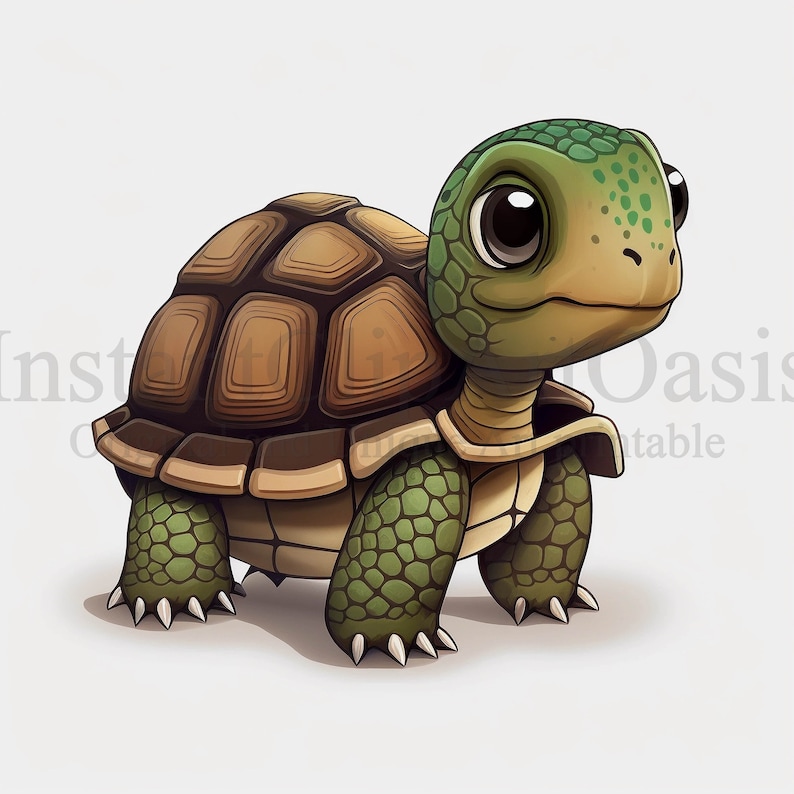 K&ouml;nnte beinhalten: Eine kleine, cartoonartige Schildkr&ouml;te mit braunem Panzer und gr&uuml;nen Beinen und Kopf. Die Schildkr&ouml;te hat gro&szlig;e, schwarze Augen und einen freundlichen Ausdruck.