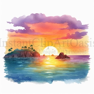 Clipart Sunset Seaside, 10 wysokiej jakości JPG, sztuka akwarelowa, pobieranie cyfrowe, tworzenie kartek, technika mieszana, cyfrowe rzemiosło papiernicze | #463