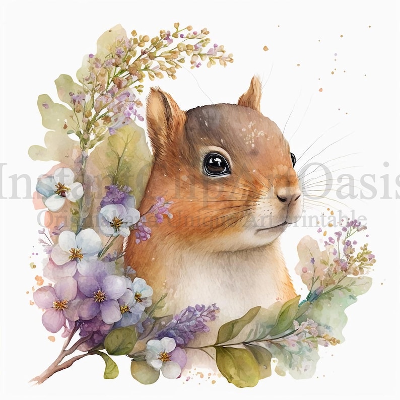 Floral Squirrels Clipart, 10 High Quality JPGs, Nursery Art, Digital Planner, Watercolor, Card Making, Journaling, Digital Download | #85 image 4