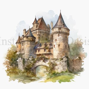 May include: A watercolor painting of a stone castle with multiple towers and a drawbridge. The castle is surrounded by lush greenery and a moat.
