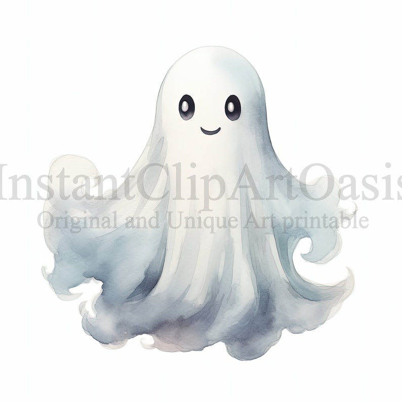 May include: A watercolor illustration of a friendly ghost with a white body and a light blue, translucent sheet. The ghost has large, black eyes and a small, smiling mouth.