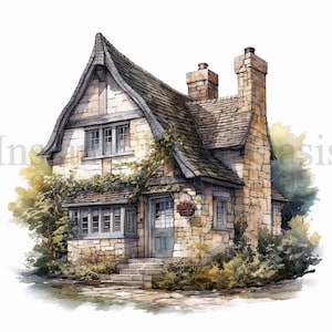 May include: A stone cottage with a steeply pitched roof, a small front porch, and a flower box hanging above the front door. The cottage is surrounded by lush greenery.