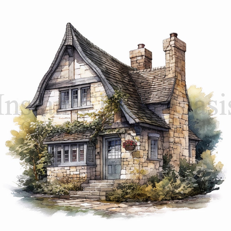 May include: A stone cottage with a steeply pitched roof, a small front porch, and a flower box hanging above the front door. The cottage is surrounded by lush greenery.