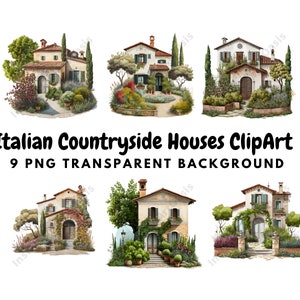 Italian Countryside Houses Clipart, 9 High Quality PNGs, Watercolor Art, Digital Download, Card Making, Digital Paper Craft | #544
