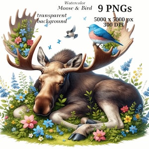 Clipart de alce e pássaro, 9 PNGs de alta qualidade, arte de berçário, download digital | Criação de cartões, clipart de animais, artesanato em papel digital | #1448