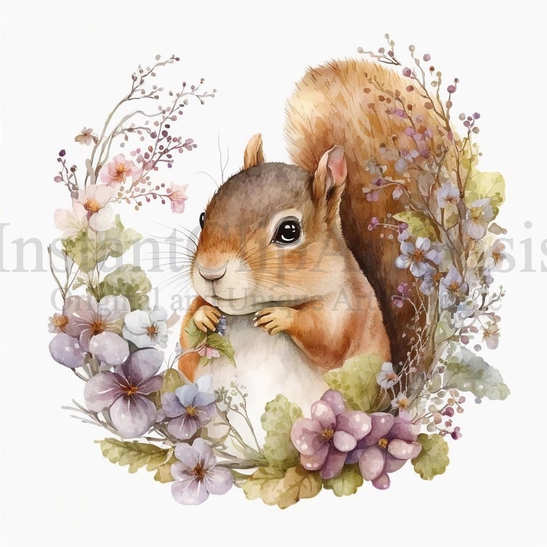 Floral Squirrels Clipart, 10 High Quality JPGs, Nursery Art, Digital Planner, Watercolor, Card Making, Journaling, Digital Download | #85 image 2