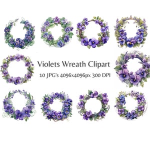 Clipart de guirlanda de violetas, 10 JPGs de alta qualidade, confecção de cartões, clipart de guirlanda, artesanato em papel digital, violetas em aquarela | #730