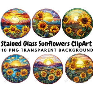 Stained Glass Sunflowers Clipart, 10 High Quality PNGs Transparent Background, Digital Download | Card Making, Digital Paper Craft #886