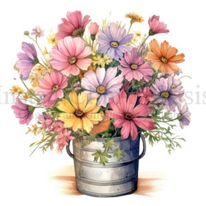 Peut inclure: Un bouquet de fleurs roses, violettes, jaunes et orange dans un seau en métal argenté. Les fleurs sont disposées dans un style lâche et naturel.