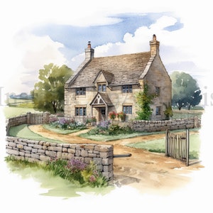 Stone Cottage Clipart, 10 JPG di alta qualità, Arte dell'acquerello, Download digitale, Creazione di carte, Media misti, Mestiere di carta digitale / #507