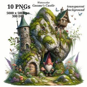Gnome&#39;s Castle Clipart, 10 High Quality PNGs, Nursery Art, Digital Download | Card Making, Cute Gnome Clipart, Digital Paper Craft | #1447