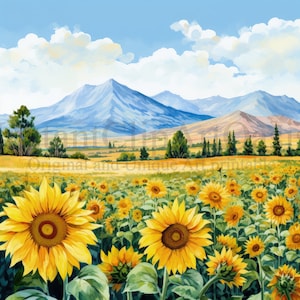 Imágenes Prediseñadas de campos de girasoles, 10 JPG de alta calidad, Arte de acuarela, Descarga digital, Fabricación de tarjetas, Técnica mixta, Arte de papel digital / #871