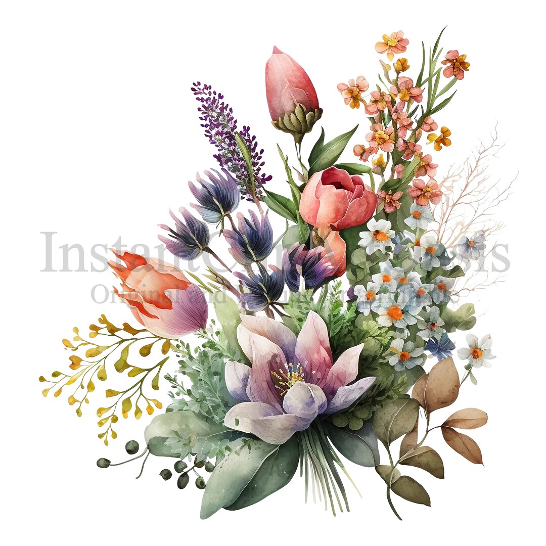 Bouquet of Flowers Clipart, 10 High Quality Pngs, Botanical Art, Digital Download, Card Making
