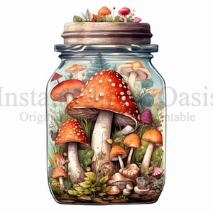 May include: A glass jar filled with a variety of red and white mushrooms, including some with white spots. The jar is filled with green moss and other foliage.