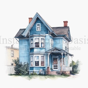 Blue Houses Clipart, 10 High Quality JPGs, Sea Art, Instant Digital Download | Card Making, Blue House Print, Digital Paper Craft | #382