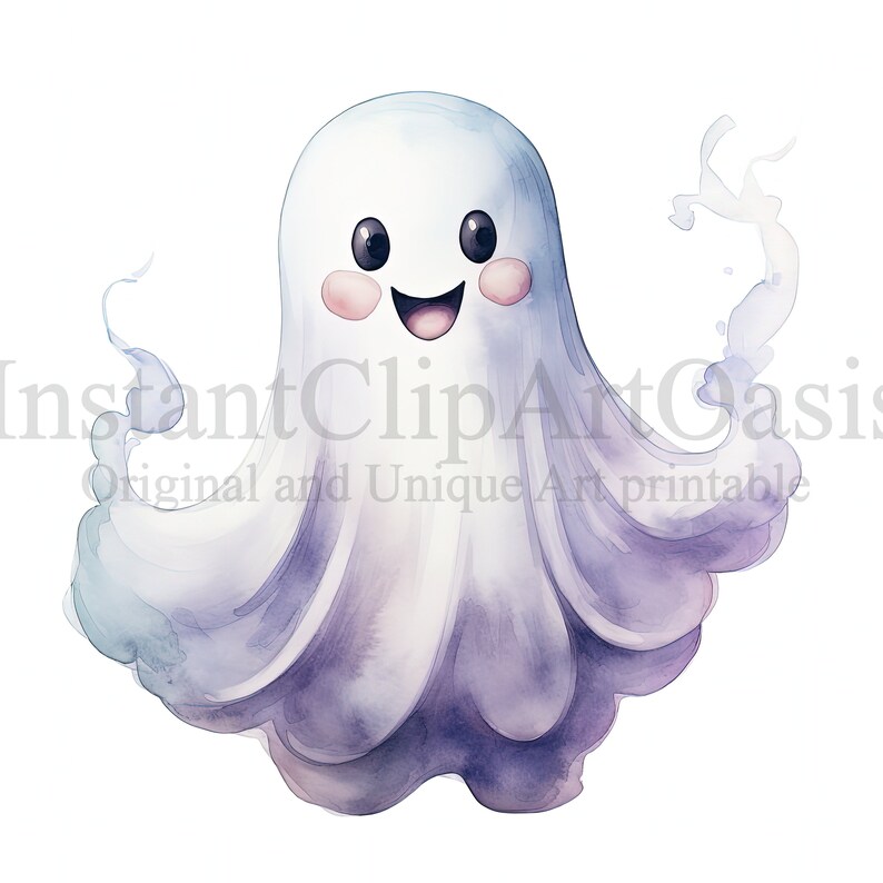 May include: A watercolor illustration of a friendly ghost with a big smile and rosy cheeks. The ghost is white with a light purple and blue gradient, and has a wispy, translucent tail.