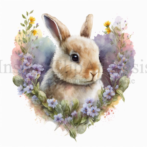 Bunnies in Heart Shaped Flowers Clipart, 10 High Quality JPGs, Nursery Art, Watercolor, Card Making, Journaling, Digital Download | #383