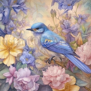 Imágenes Prediseñadas de pájaro azul Vintage, 8 JPG de alta calidad, ilustración Vintage, fabricación de tarjetas, imágenes prediseñadas de pájaro, arte de papel Digital / #677