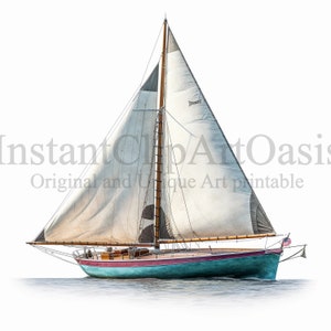 K&ouml;nnte beinhalten: Ein Vintage-Segelschiff mit wei&szlig;en Segeln und einem h&ouml;lzernen Rumpf. Das Boot ist in Blaut&ouml;nen und Gr&uuml;n gestrichen, mit einem roten Streifen am Boden. Das Boot segelt auf einem ruhigen Gew&auml;sser.