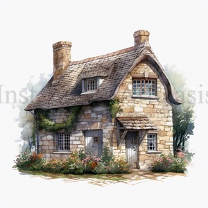 May include: A stone cottage with a thatched roof, surrounded by a garden with flowers. The cottage has a small porch with a wooden door and a window. The roof has a unique curved shape.