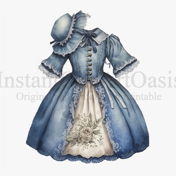 Blue Victorian Dress Clipart, 10 High Quality JPGs, Art, Instant Digital Download | Card Making, Digital Paper Craft | #433